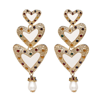 

Vintage Women 3 Hearts Drop Rhinestone Faux Pearl Enamel Statement Stud Earrings