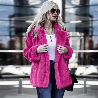 

Fashion Women Autumn Winter Faux Fur Coat Solid Open Front Notched Collar Long Sleeve Fluffy Outerwear Jacket