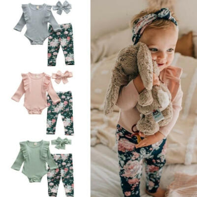 

Infant Baby Girls Christmas Clothes Long Sleeve Solid Romper Playsuit Tops Long Flower Pants LeggingsHeadband 3PCS Outfit Se