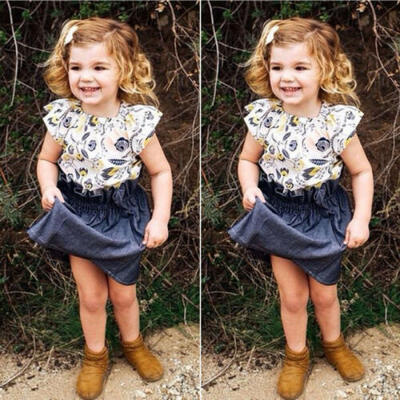 

Summer Infant Kids Baby Girl Clothes Fly-Sleeve TopsDenim Skirt 2PCS Outfit Set