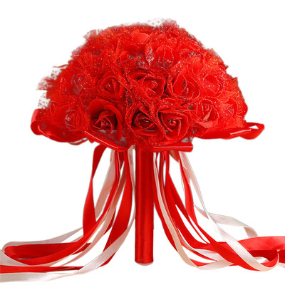 

Gobestart Crystal Ribbon Roses Bridesmaid Wedding Bouquet Bridal Artificial Silk Flowers