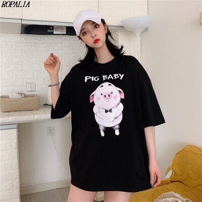 

Womens Cute Loose Round Neck Cartoon Pig & Letters Print Short Sleeve Long T-Shirt Pullover Girls T-Shirts