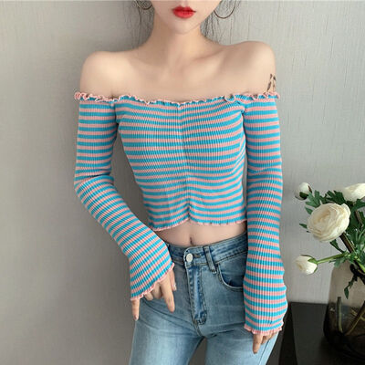 

Sexy Slash Neck T-shirt Long Sleeve Knitted Top Summer Cropped Top Women Striped Tee Shirt