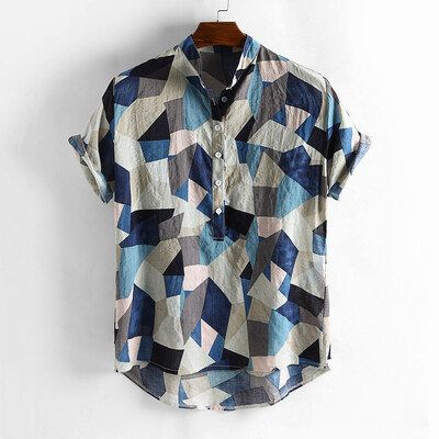 

Toponeto Mens Summer Hit Color Stand Collar Short Sleeve Casual Loose Breathable Shirts