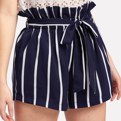 

Tailored Women Retro Striped Casual Fit Elastic Waist Pocket Shorts Pants With String