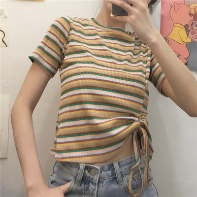 

Novel Design Drawstring Womens T-Shirt Summer O Neck Striped Short Sleeve T Shirt Sexy Knitted Slim Pullover Tee Tops