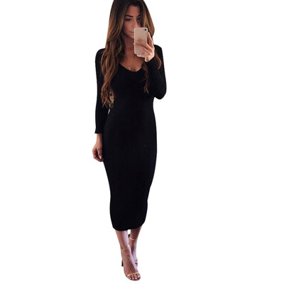 

Women Solid Color Wild Round Collar Sexy Knit Slim Shirts Long Sleeve Mid-length Casual Sweater Belt Dress