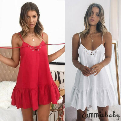

Women Summer Strappy Beach Wear Bikini Cover Up Boho Short Mini Sun Dress