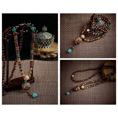 

Handmade Nepal Jewelry Buddhist Mala Wood Beads Pendant Necklace Ethnic Horn Fish Long Statement Necklace For Women Men