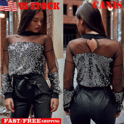 

Sexy Women Gauze See Through Crop Tops Long Sleeve Paillette Bottoming Shirt USA