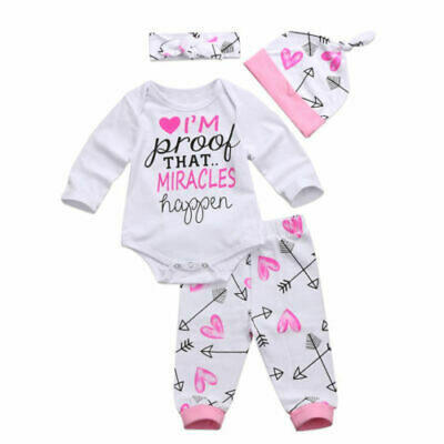 

Newborn Baby Girl Long Sleeves Romper Tops Pants Hat Headband 4PCS Outfits Set