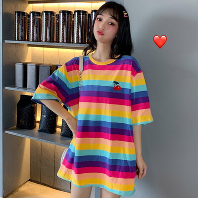 

Women clothes Summer Casual T Shirt Short Sleeve O-Neck Rainbow Striped Fruit Embroidery Loose Tee