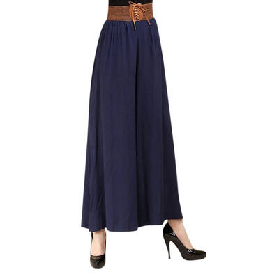 

Women Summer Solid Color Loose Wide Leg Loose Elastic High Waist Tie Straight Casual Nine Pants