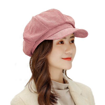 

New Corduroy Korean Edition Ladys Striped Octagonal Cap Duck Tongue Cap British Retro Beret in Autumn&Winter of 2019
