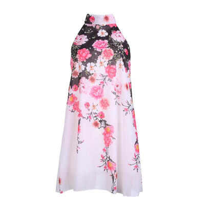 

Summer Women Print Floral Chiffon Halter O-Collar Sleeveless Beach Dress