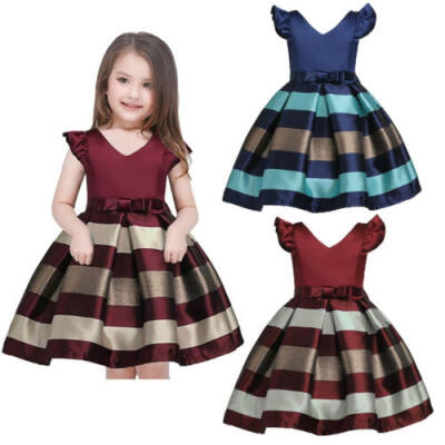 

Flower Toddler Kids Girl Bowknot Striped Pageant Party Formal Gown Dresses 2-10Y