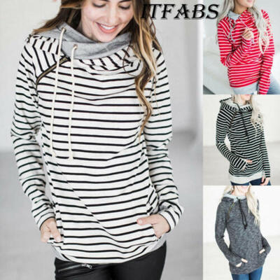 

Womens Long Sleeve Hoodie Sweatshirt Stripe Hooded Jumper Coat Pullover Tops UK