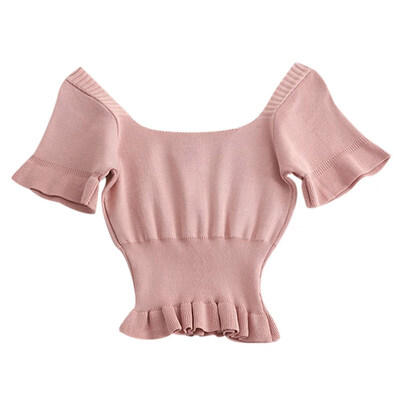

T Shirt Women Summer Solid Color Casual Tops Female Square Collar T-Shirt Knit Button Puff Sleeved Sexy Slim Tops