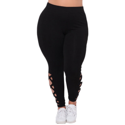 

Tailored Women Plus Size Elastic Leggings Solid Criss-Cross Hollow Out Sport Pants