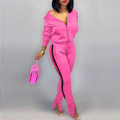 

Women Bomber Jacket Pants Set Zip Up Striped Side Slit Bottom Spring Sporty Casual Coat Trousers 2PCS
