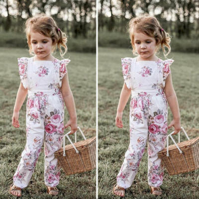 

US Newborn Baby Girl Kids Floral Fly-Sleeve Siamese Trousers Top Pants Sets 1-5Y