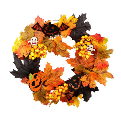 

Artificial Halloween Wreath Autumn Maple Leaf Pumpkin Berry Wreath Halloween Door Home LED Decor Front Door Hanging Garland