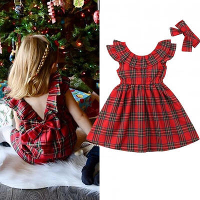 

Xmas Baby Girl Princess Dress Kids Bow Checked Tutu Party Wedding Dress