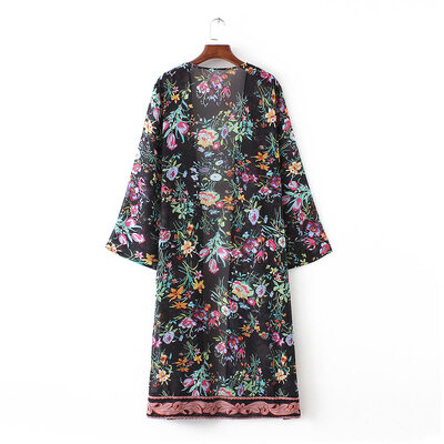 

New Women Chiffon Loose Cardigan Open Front Floral Print Long Sleeves Thin Vintage Casual Outerwear BlackWhite