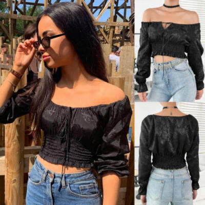 

Sexy Women Summer Solid Casual Tops Off Shoulder Crop Top Boho Beach Shirt