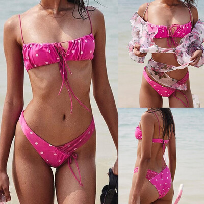 

Roseonmyhand Women Sexy Bikini Wave Point Camisole Swimwear Screen Stitching Beachwear Set