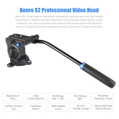 

Benro S2 Professional Video Head Fluid Head Hydraulic Damping 3D Tripod Head Video Camera Monopod Head Max Load 25Kg