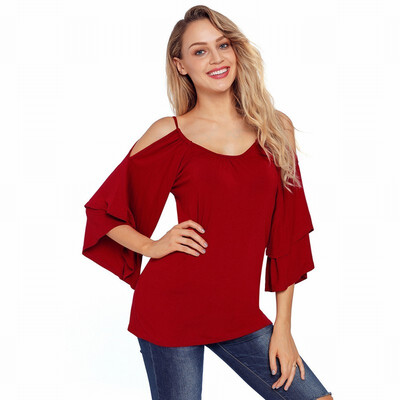

Solid color round neck lotus leaf pendulum sleeves casual fashion shirt womens