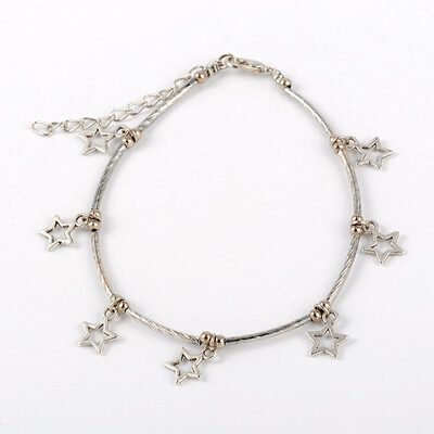 

Tibetan Style Star Anklets with Iron Tube Beads&Zinc Alloy Lobster Claw Clasps Antique Silver 225mm