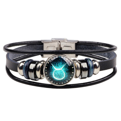 

Retro 12 Zodiac Constellation Beaded Hand Woven Leather Bracelet Punk Chain Cuff