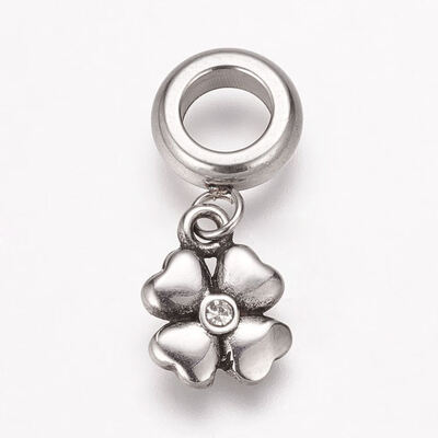 

304 Stainless Steel Rhinestone European Dangle Beads Large Hole Pendants Clover Antique Silver 21mm