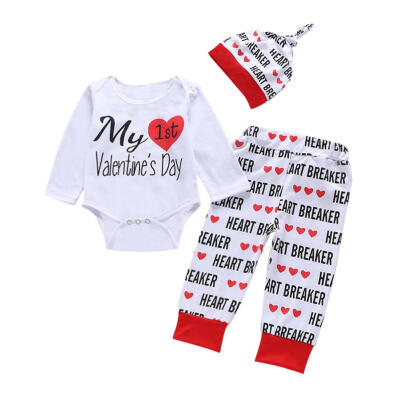 

Newborn Baby Valentine Day Letter Print Rompers Pants Hat 3pcs Clothing Set