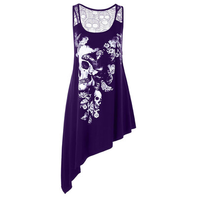 

Roseonmyhand Fashion Women Plus Size U Neck Skull Printed Asymmetric Hollow Out Tank Top Vest
