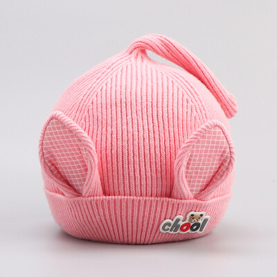 

Korean version of autumn&winter baby childrens new knitted cotton sleeve hat rabbit ears letter cartoon fashion single hat