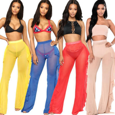 

Hot Women High Waist See Through Flared Leg Mesh Summer Beach Long Pants Trouser