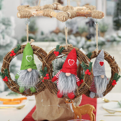 

3Pcs Christmas Faceless Gnome Doll Rattan Ring Pendant Home Window Hanging Decor