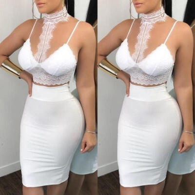 

Women 2 Piece Bodycon Two Piece Crop Top&Skirt Set Lace Up Dress Party