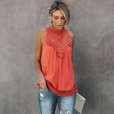 

Sexy Women Chiffon Tank Top Crochet Lace Keyhole Button Solid Color Sleeveless Vest Tops Shirt