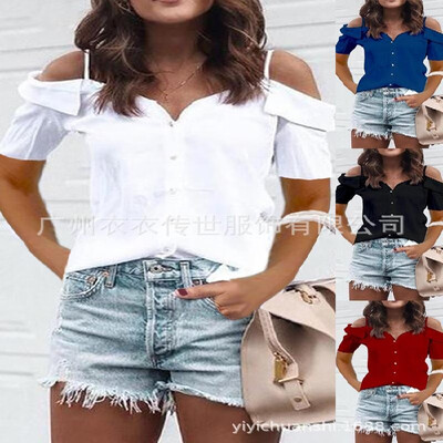 

2019 spring womens cross-border foreign trade fashion casual word shoulder strap short-sleeved shirt blue