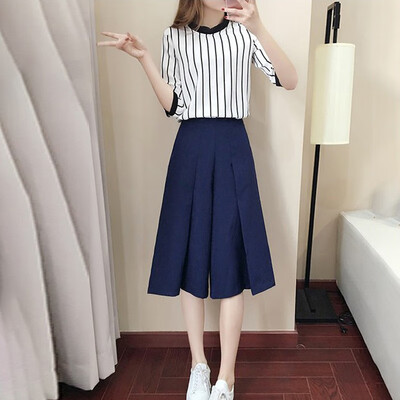 

Women Casual Striped Half Sleeve Round Neck Loose Shirts Wide Leg Tops Pants Set