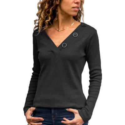 

Autumn V-Neck Women Solid Color Casual Long Sleeve T-shirt Slim Fit Tops