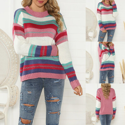 

〖Follure〗Women Casual Color Block Stripe Pullover O-Neck Long Sleeve Loose Sweaters Tops