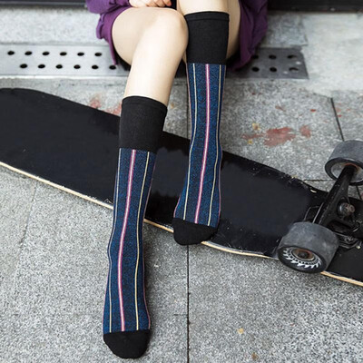 

New Fashion Winter Women Striped High Socks Bling Bling Details Elastic Cotton Girls Sports Warm Socks