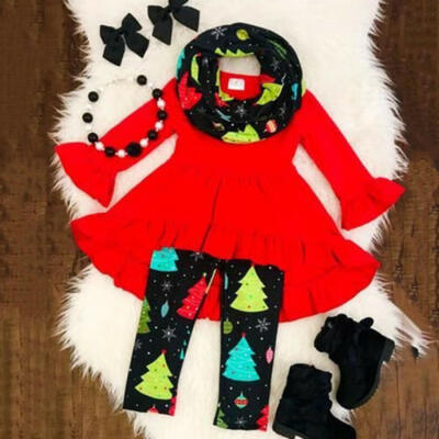 

UK Toddler Kids Baby Girl Christmas Ruffle Dress Tops Pants Scarf Outfit Clothes