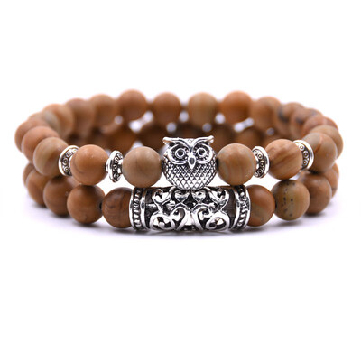 

18 Colors 2PcsSet Owl Lava Stone Bracelet Set Tiger Eye Stone Charm Bracelets Bangles