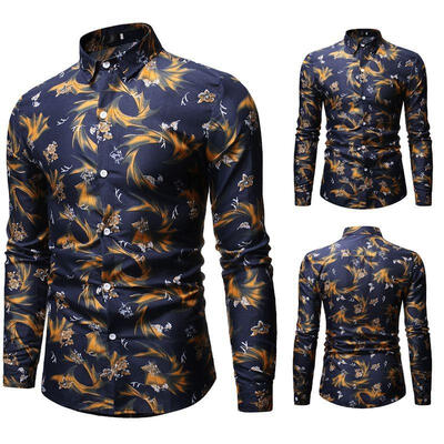 

Mens Shirt Fashionable Casual Slim-fit Floral Printed Long Sleeve Shirts